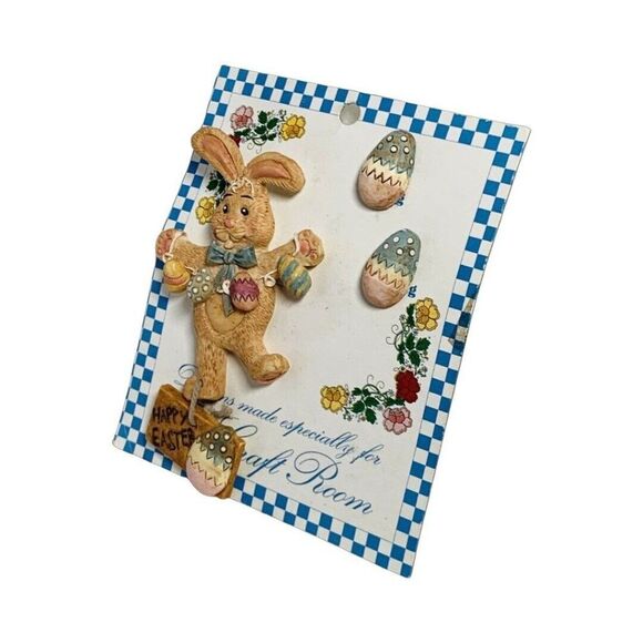 VTG Easter Bunny Brooch And Earrings set 3.5" Hand Painted Easter Egg Whimsical - Picture 4 of 16